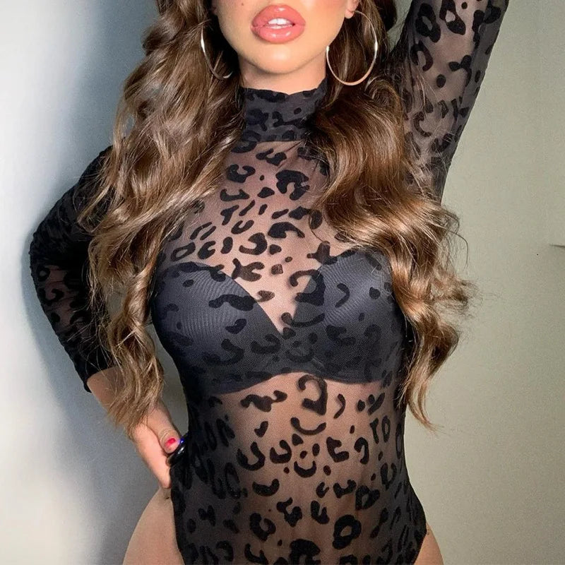 Leopard Mesh See Through Bodysuit - Mock Neck High Waist Sexy Bodysuit Bodysuits LUNARITY GARAGE