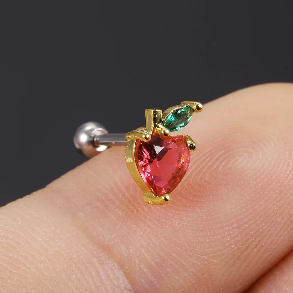 1Pc 20g Stainless Steel Rainbow Cz Fruit Cartilage Bicycle Stud Earring Cute Screw Back Bar Ligth Tragus Conch Lobe Ear Piercing Ear Piercings Lunarity Garage Apple