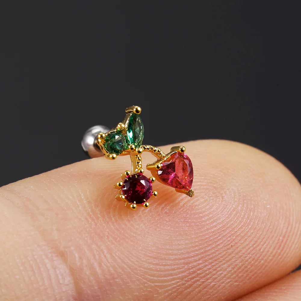 1Pc 20g Stainless Steel Rainbow Cz Fruit Cartilage Bicycle Stud Earring Cute Screw Back Bar Ligth Tragus Conch Lobe Ear Piercing Ear Piercings Lunarity Garage Heart Cherry