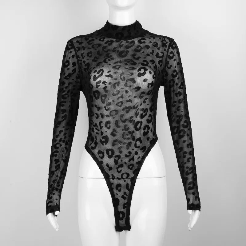 Leopard Mesh See Through Bodysuit - Mock Neck High Waist Sexy Bodysuit Bodysuits LUNARITY GARAGE