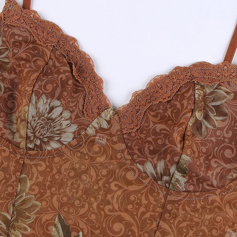 Leaves Printed Lace Patchwork Mesh Crop Top crop top Lunarity Garage