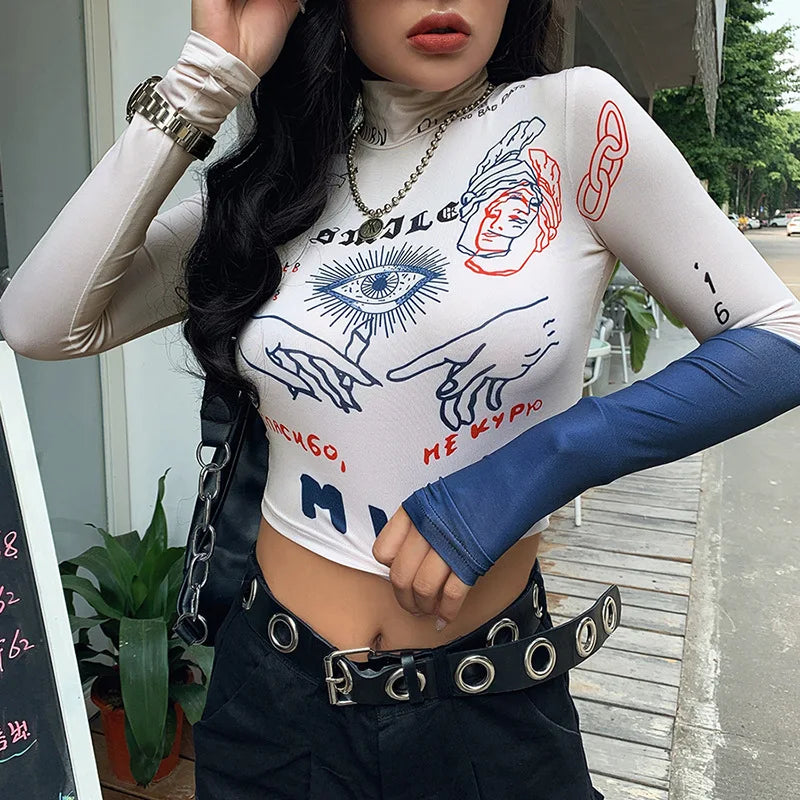 Women's Slim Fit Printed Turtleneck Crop Top – Trendy High Street Fashion crop top LUNARITY GARAGE