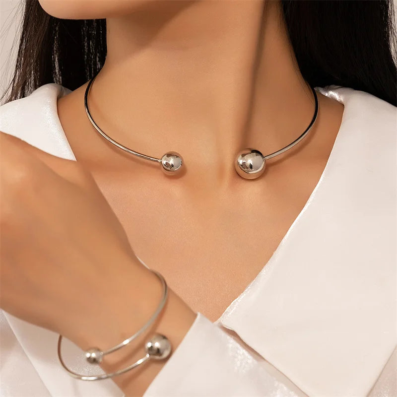 Geometric Metal Round Ball Torque Choker Jewelry Set Jewelry Set Lunarity Garage Silver  