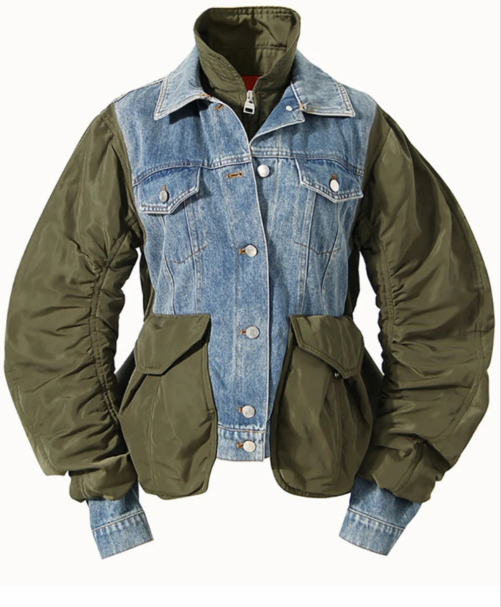 Blue Green Patchwork Denim Jacket - Loose Fit Short Coat with Turn-Down Collar jackets LUNARITY GARAGE   