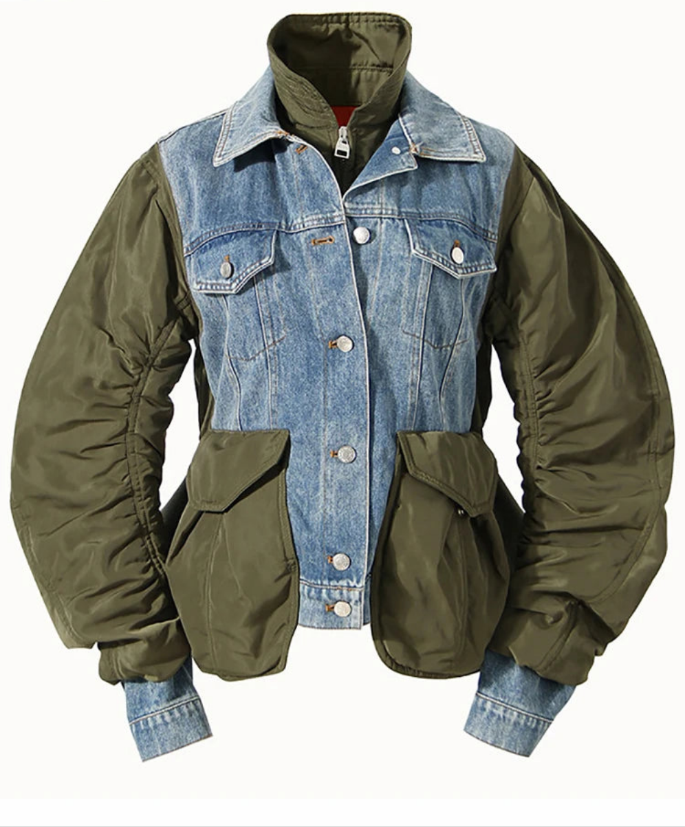 Blue Green Patchwork Denim Jacket - Loose Fit Short Coat with Turn-Down Collar jackets LUNARITY GARAGE   