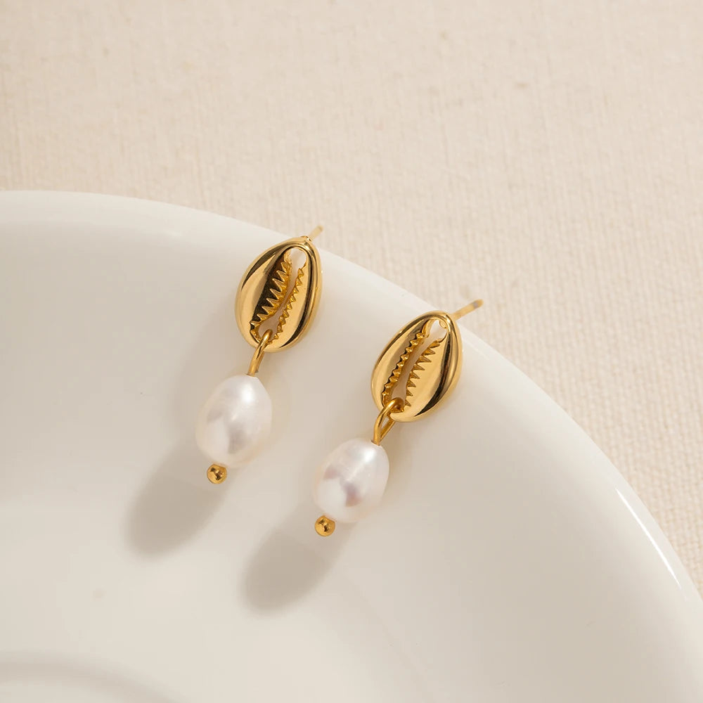 Vintage Shell Stud Design Pearl Drop Earrings earrings LUNARITY GARAGE