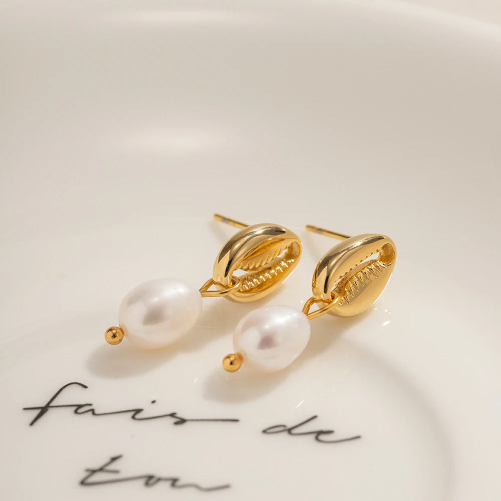 Vintage Shell Stud Design Pearl Drop Earrings earrings LUNARITY GARAGE