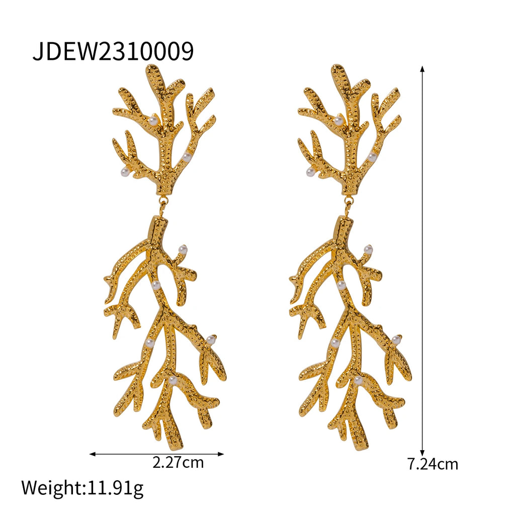 Creatively 18K Gold Plated Coral-Shaped Pearl Pendant Earrings earrings LUNARITY GARAGE   