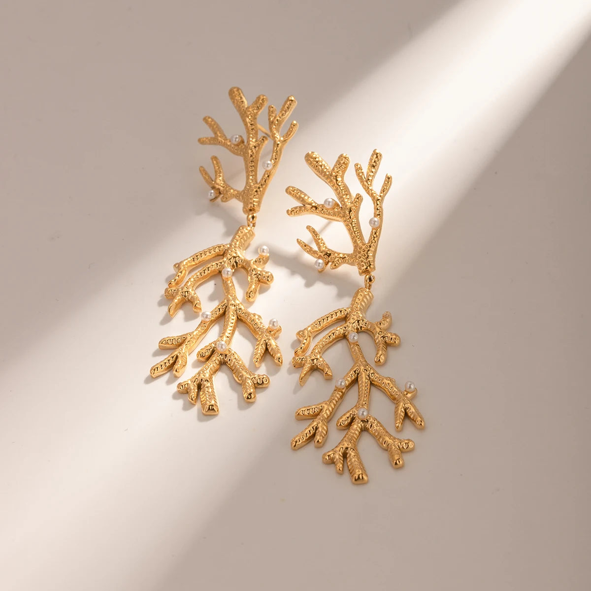 Creatively 18K Gold Plated Coral-Shaped Pearl Pendant Earrings earrings LUNARITY GARAGE