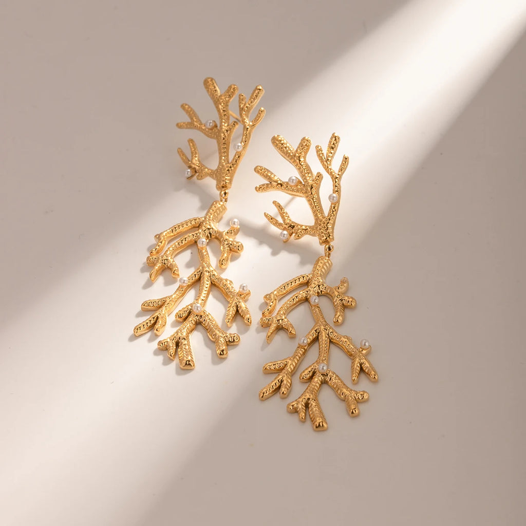 Creatively 18K Gold Plated Coral-Shaped Pearl Pendant Earrings earrings LUNARITY GARAGE   
