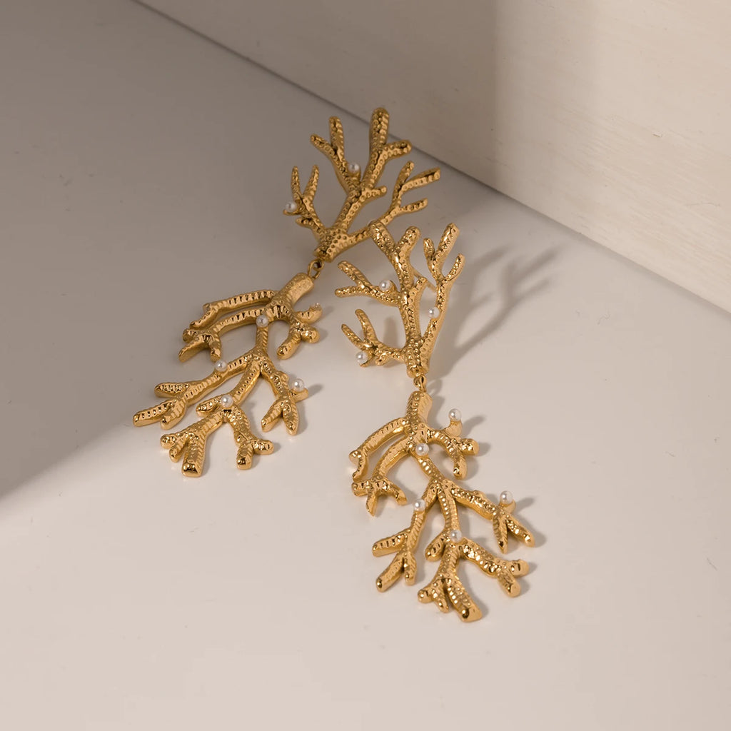 Creatively 18K Gold Plated Coral-Shaped Pearl Pendant Earrings earrings LUNARITY GARAGE   