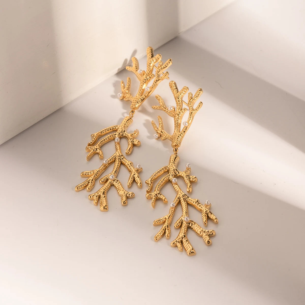 Creatively 18K Gold Plated Coral-Shaped Pearl Pendant Earrings earrings LUNARITY GARAGE