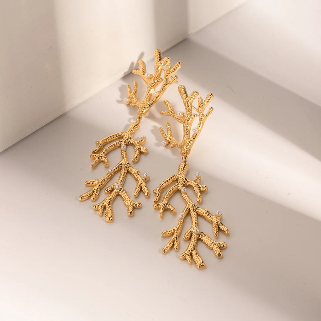 Creatively 18K Gold Plated Coral-Shaped Pearl Pendant Earrings earrings LUNARITY GARAGE   
