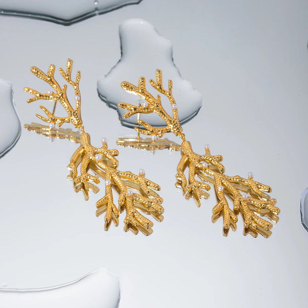 Creatively 18K Gold Plated Coral-Shaped Pearl Pendant Earrings earrings LUNARITY GARAGE   