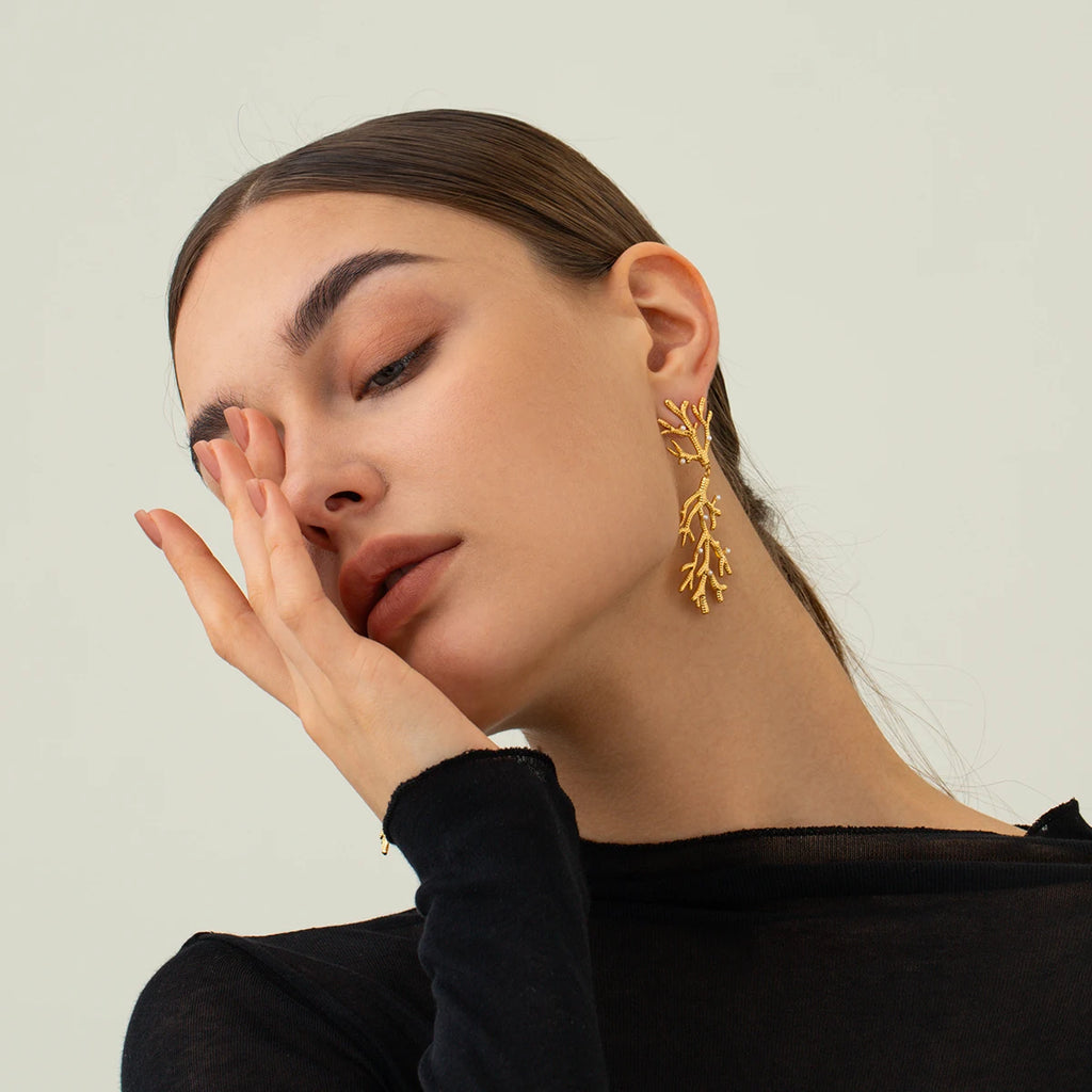 Creatively 18K Gold Plated Coral-Shaped Pearl Pendant Earrings earrings LUNARITY GARAGE   