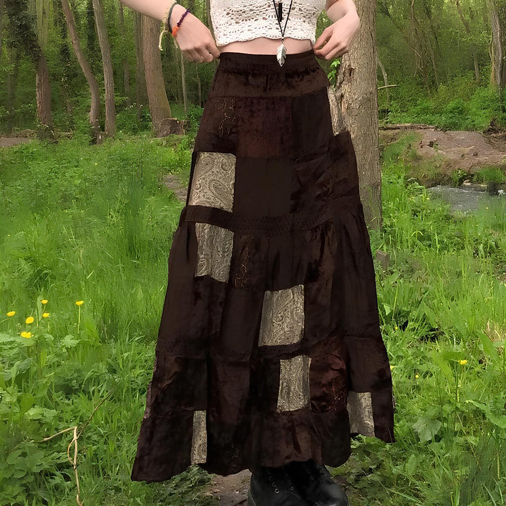 Grunge Velvet Brown Patchwork Maxi Skirt Skirts Lunarity Garage   