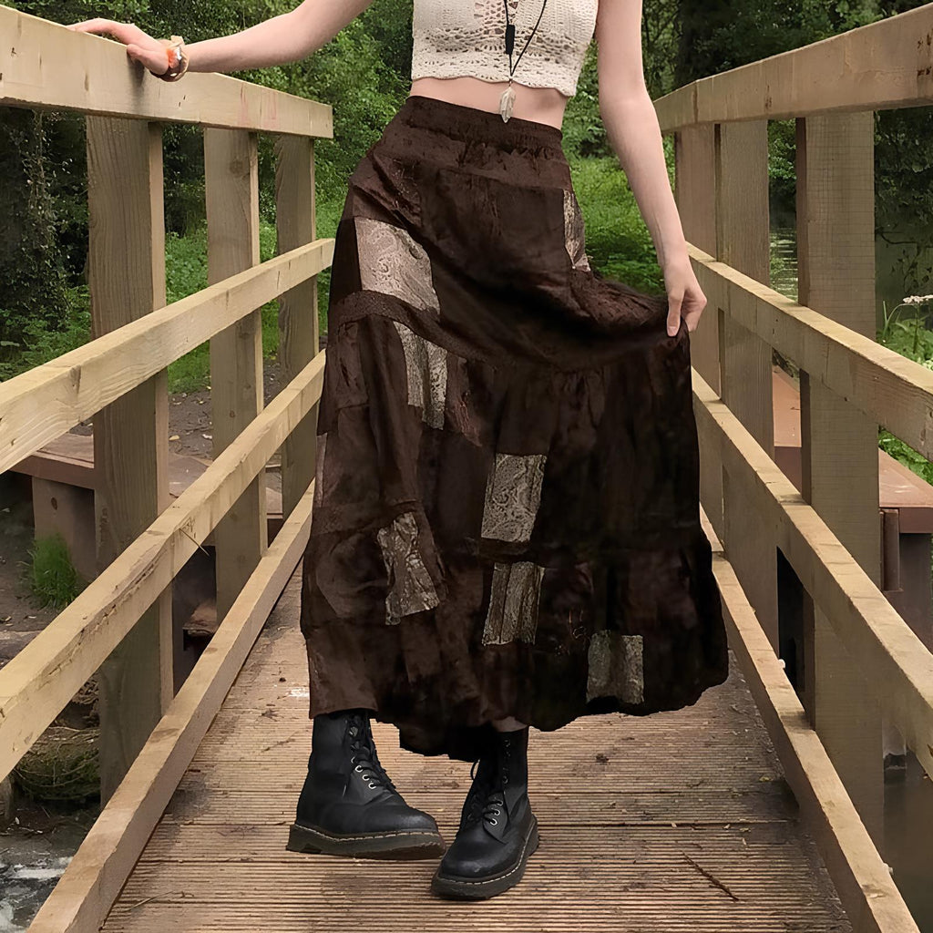 Grunge Velvet Brown Patchwork Maxi Skirt Skirts Lunarity Garage   