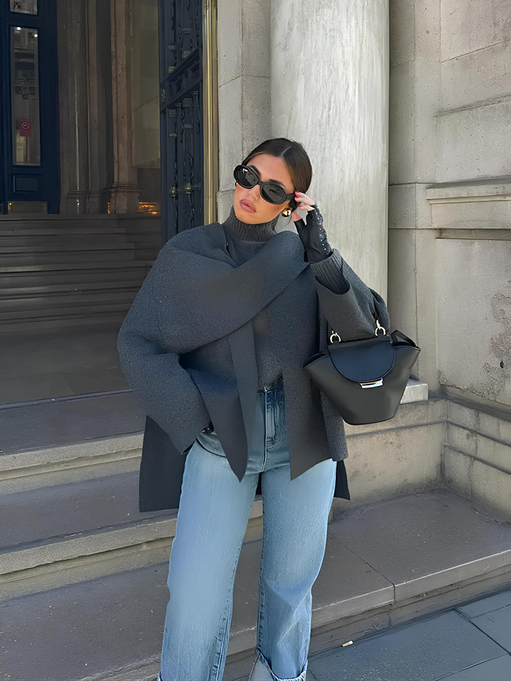 Elegant Scarf Collar Woolen Jacket Jackets Lunarity Garage Dark Gray S 