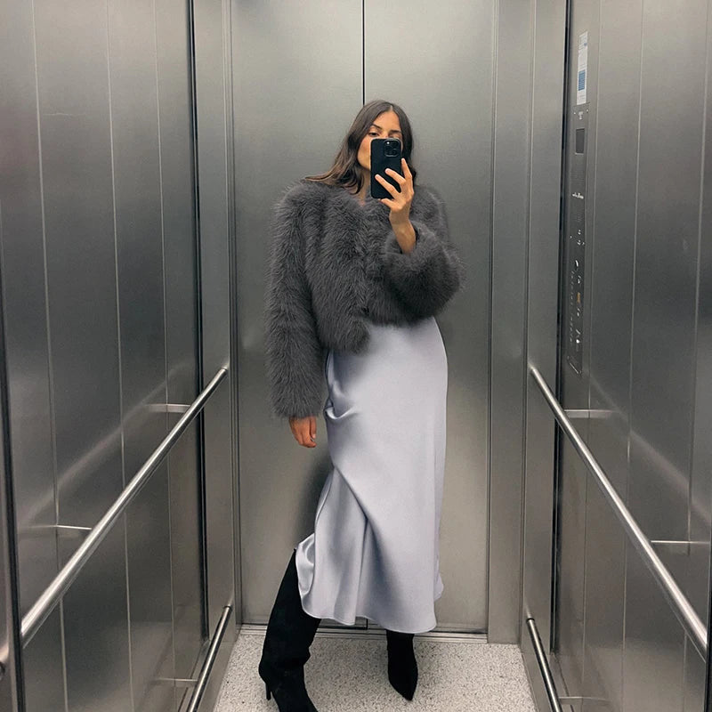 Iconic Gradient Faux Fur Cropped Jacket Jackets Lunarity Garage Solid Gray S