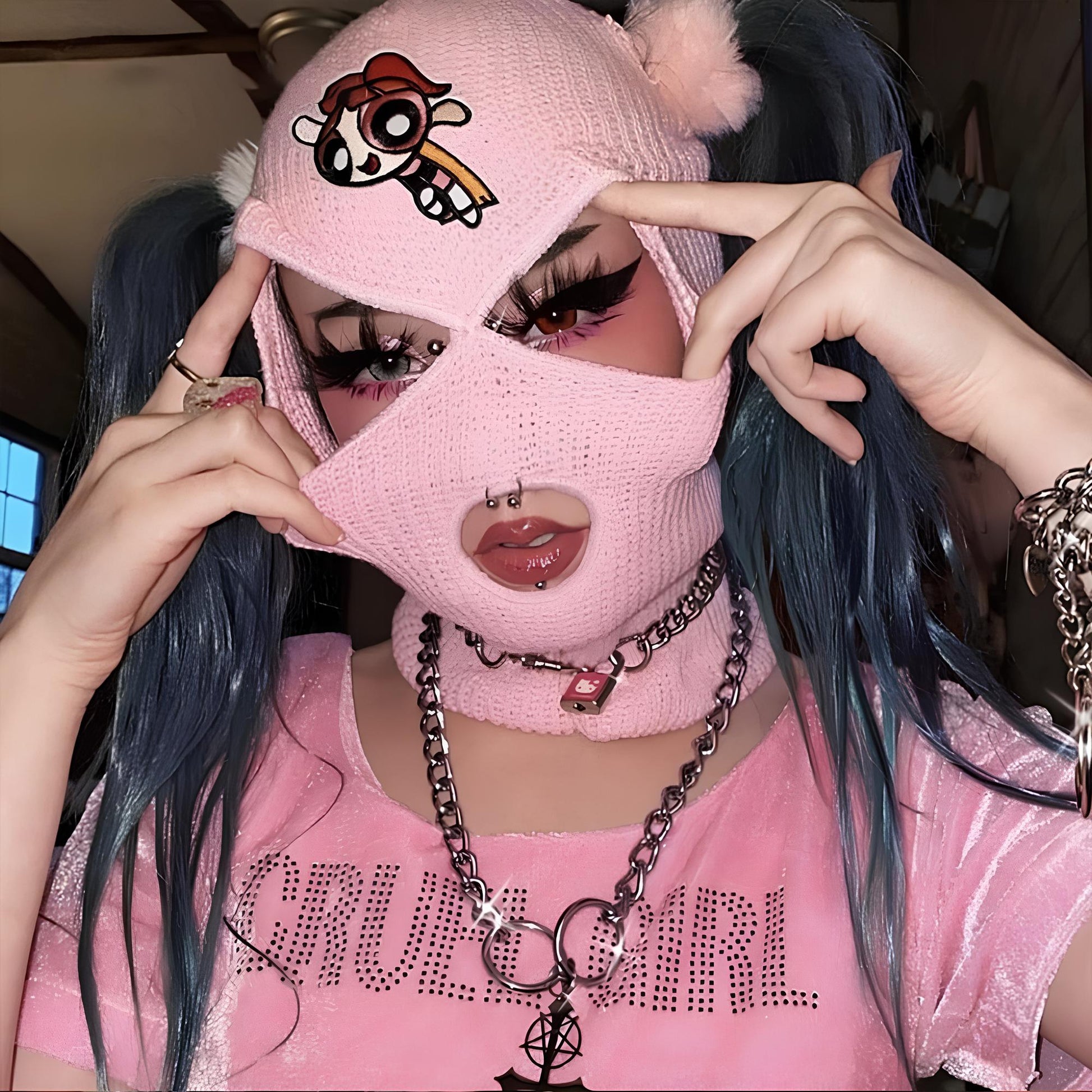 Y2K Ski Mask 3-Hole Knitted Balaclava Balaclavas Lunarity Garage Pink PPG