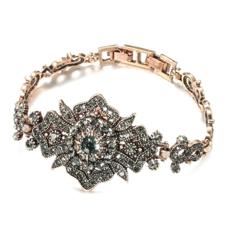 Antique Gold Color Gray Crystal Boho Link Bracelet – Vintage Ethnic Jewelry Bracelets Lunarity Garage