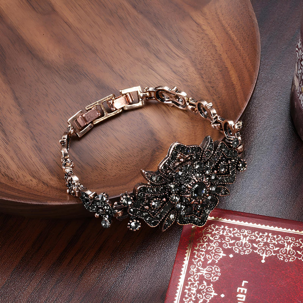 Antique Gold Color Gray Crystal Boho Link Bracelet – Vintage Ethnic Jewelry Bracelets Lunarity Garage