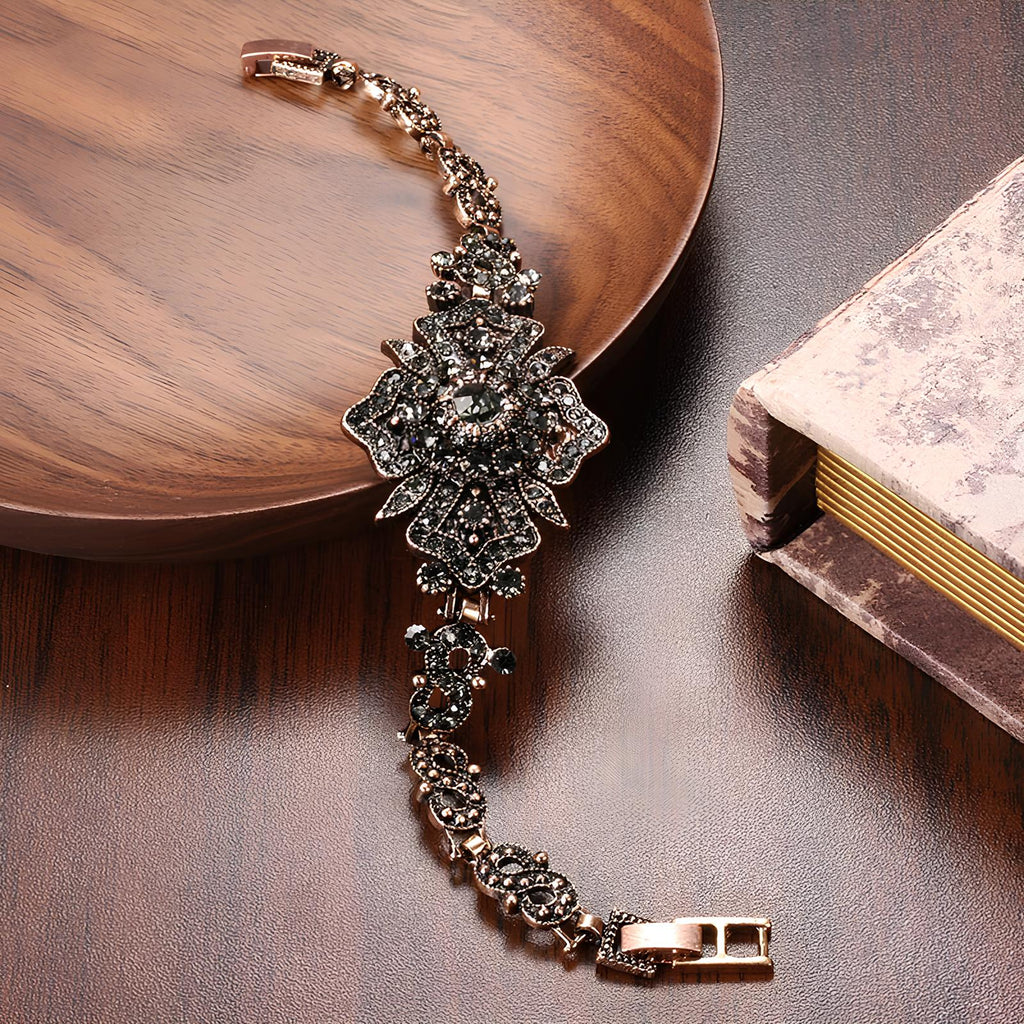 Antique Gold Color Gray Crystal Boho Link Bracelet – Vintage Ethnic Jewelry Bracelets Lunarity Garage