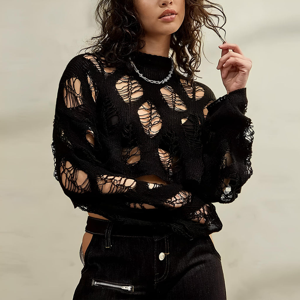 Y2K Rave Hollow Out Crochet Crop Top - Sexy & Trendy Long Sleeve T-Shirt for Women crop top LUNARITY GARAGE