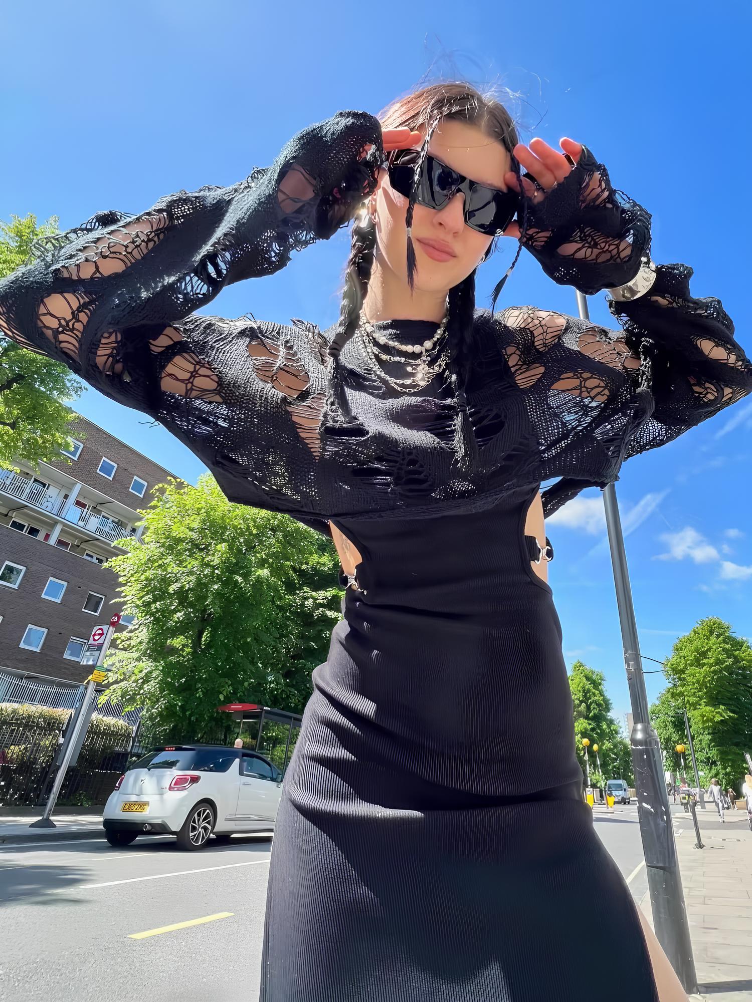 Y2K Rave Hollow Out Crochet Crop Top - Sexy & Trendy Long Sleeve T-Shirt for Women crop top LUNARITY GARAGE