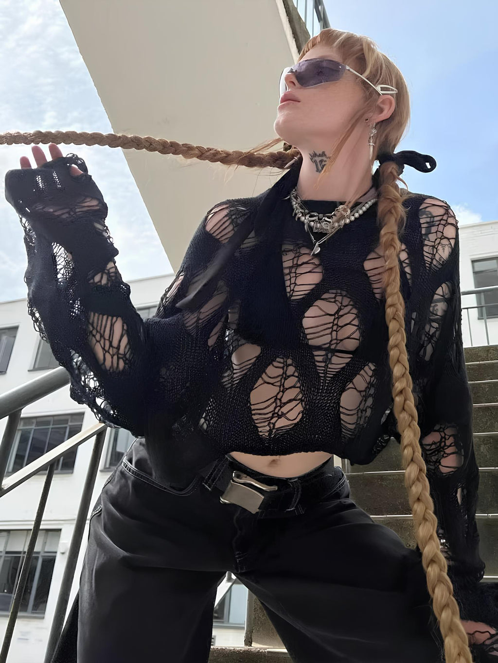 Y2K Rave Hollow Out Crochet Crop Top - Sexy & Trendy Long Sleeve T-Shirt for Women crop top LUNARITY GARAGE