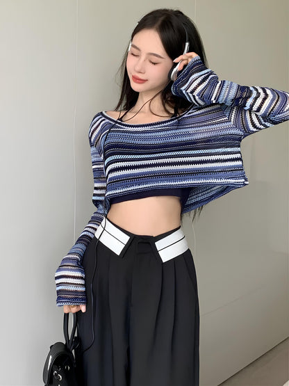 Women's Hollow-Out Striped T-Shirt – Trendy Korean Style for Everyday Wear crop top Lunarity Garage