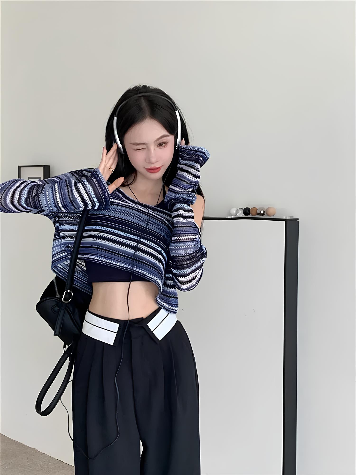 Women's Hollow-Out Striped T-Shirt – Trendy Korean Style for Everyday Wear crop top Lunarity Garage