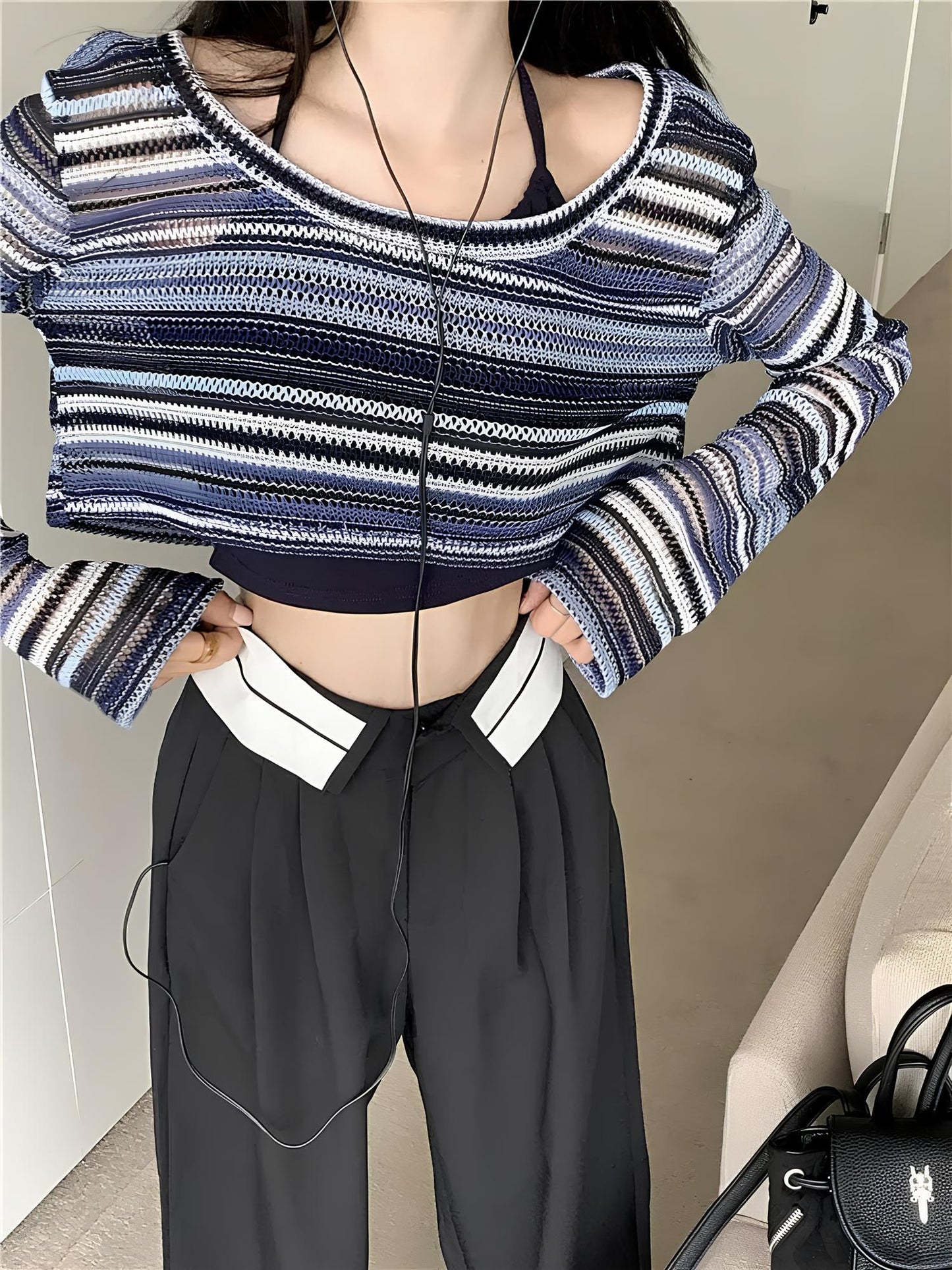 Women's Hollow-Out Striped T-Shirt – Trendy Korean Style for Everyday Wear crop top Lunarity Garage