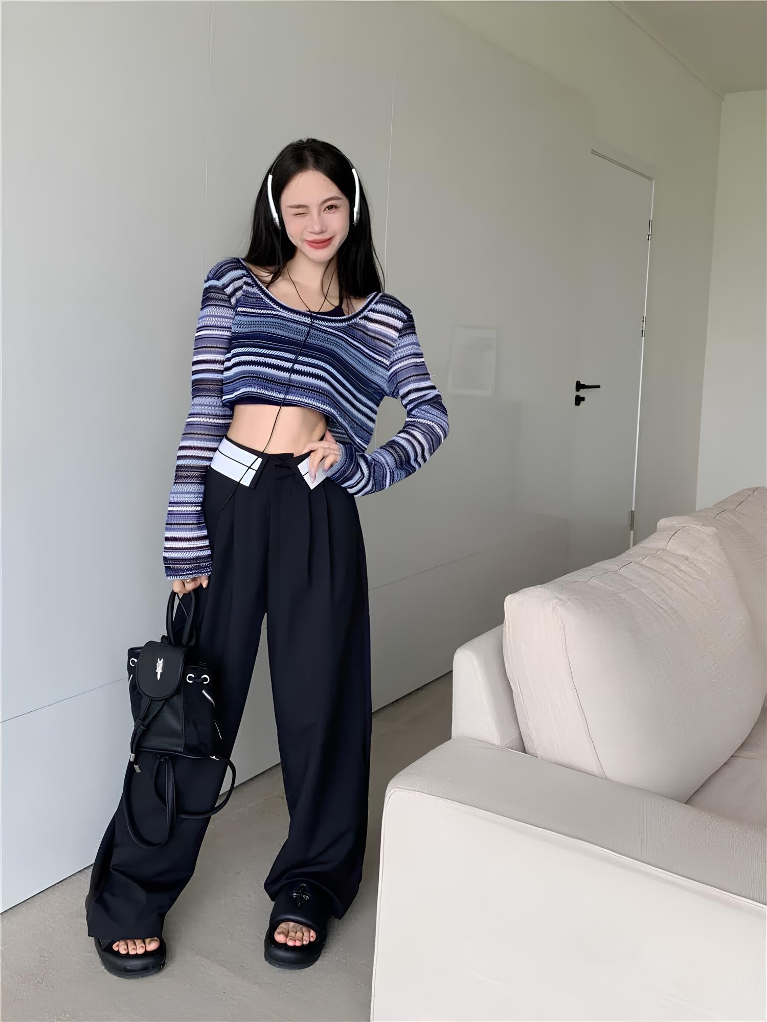 Women's Hollow-Out Striped T-Shirt – Trendy Korean Style for Everyday Wear crop top Lunarity Garage