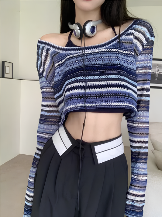 Women's Hollow-Out Striped T-Shirt – Trendy Korean Style for Everyday Wear crop top Lunarity Garage blue S