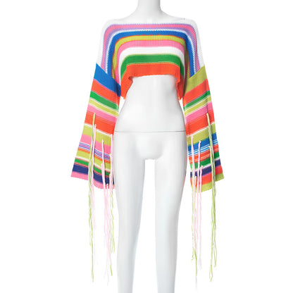 Boho Tassel Contrast Knit Pullover – Beach-Ready Bohemian Style crop top Lunarity Garage