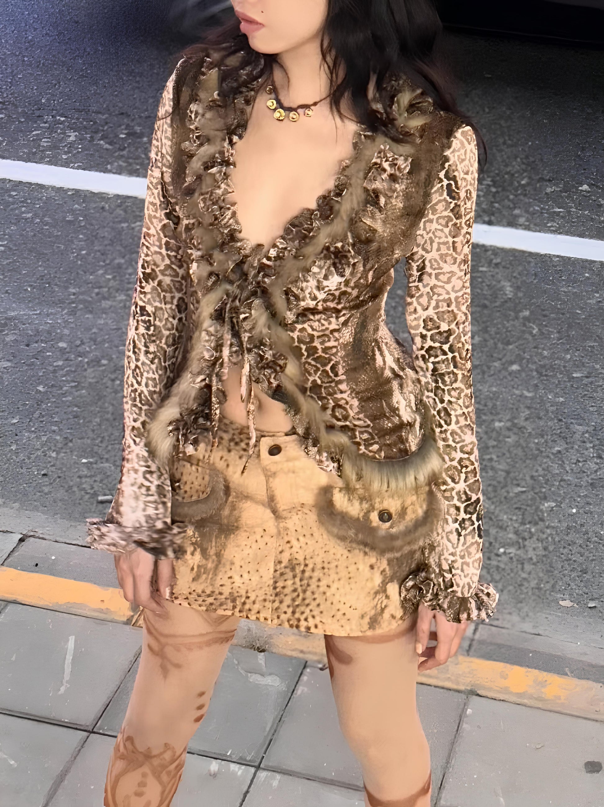 Japanese Y2K Leopard Print Fur Shirt – Vintage Harajuku Grunge Aesthetic Shirts Lunarity Garage