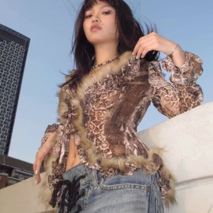 Japanese Y2K Leopard Print Fur Shirt – Vintage Harajuku Grunge Aesthetic Shirts Lunarity Garage