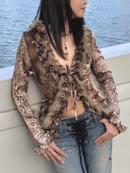 Japanese Y2K Leopard Print Fur Shirt – Vintage Harajuku Grunge Aesthetic Shirts Lunarity Garage