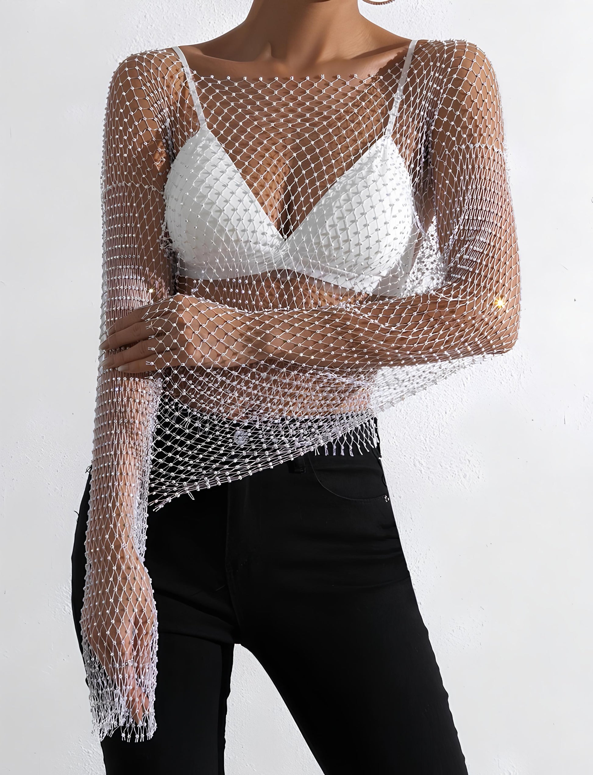 Glitter Rhinestone Fishnet Crop Top – Festival-Ready Sparkle crop top Lunarity Garage One Size White