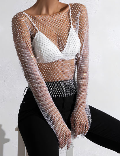 Glitter Rhinestone Fishnet Crop Top – Festival-Ready Sparkle crop top Lunarity Garage