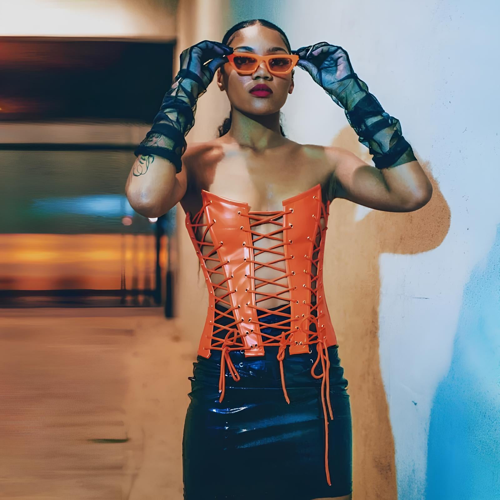 Sexy Gothic PU Leather Lace-Up Corset – Bold, Curvy Shaping with Elegance Corsets Lunarity Garage Orange S