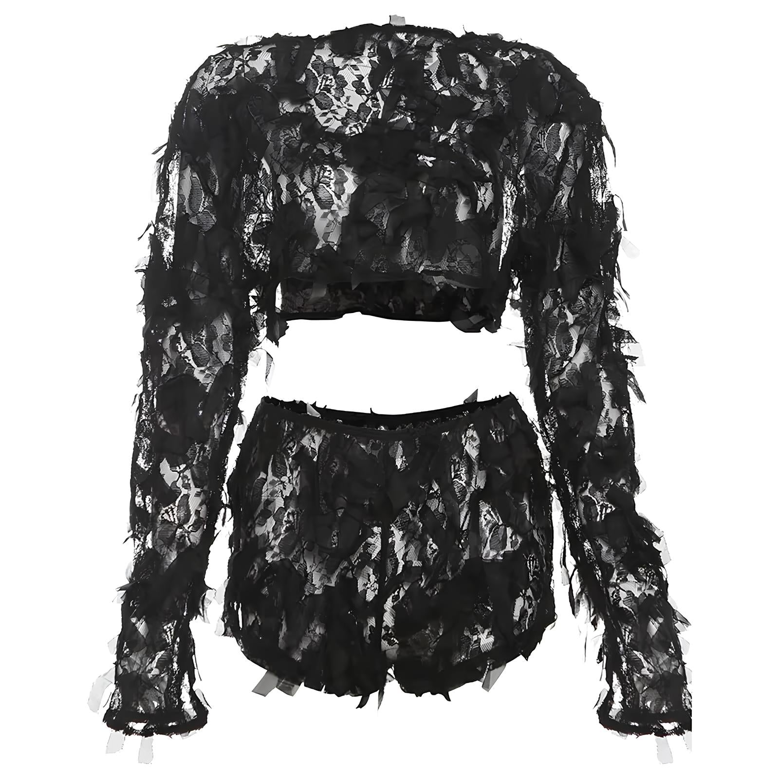 Crumb Tassels 2-Piece Y2K Set – Sexy Hollow-Out Crop Top & Shorts Clubwear LUNARITY GARAGE