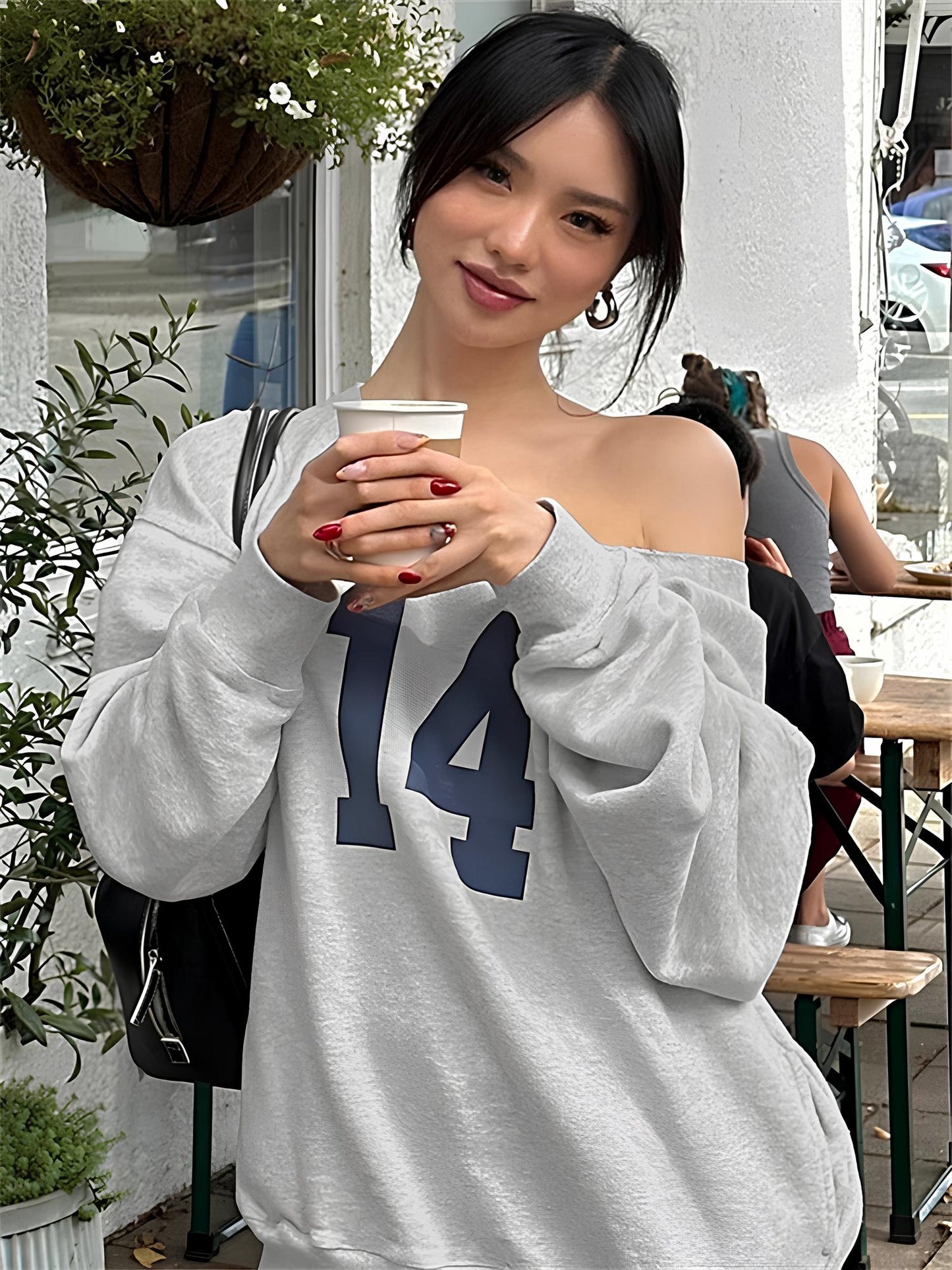 One-Shoulder Letter Print Sweatshirt – Casual & Trendy Streetwear LUNARITY GARAGE Gray S