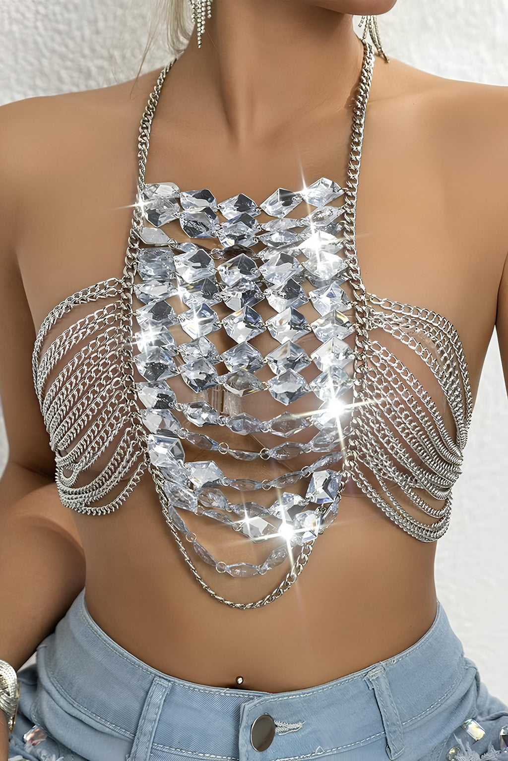 Dazzling Rhinestone Halter Corset Crop Top – The Ultimate Rave Statement LUNARITY GARAGE Silver One Size