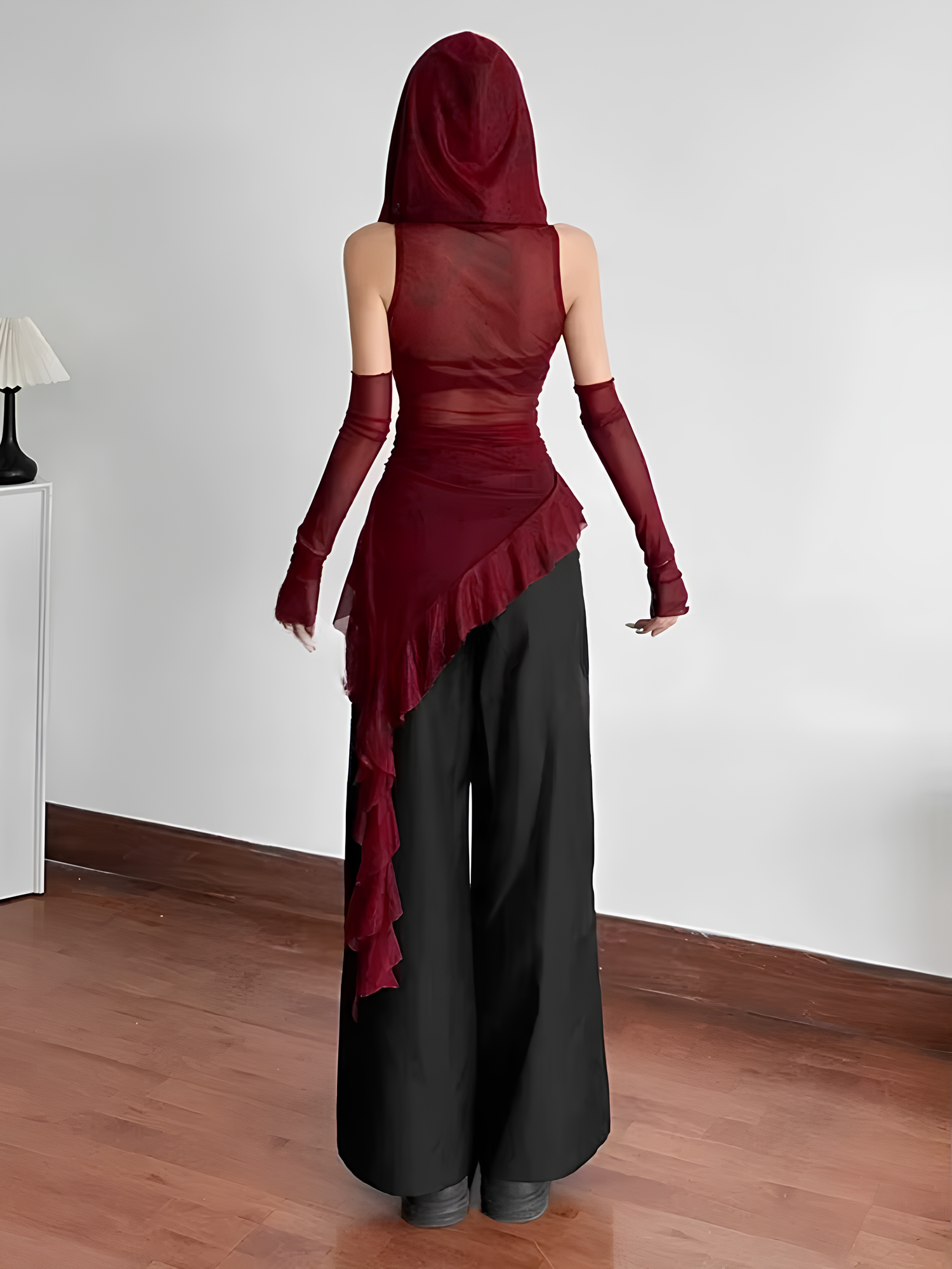 Y2K Vintage 90s Grunge Mesh Hooded Top – See-Through Ruffle Hem Slim Streetwear Blouse Tops LUNARITY GARAGE