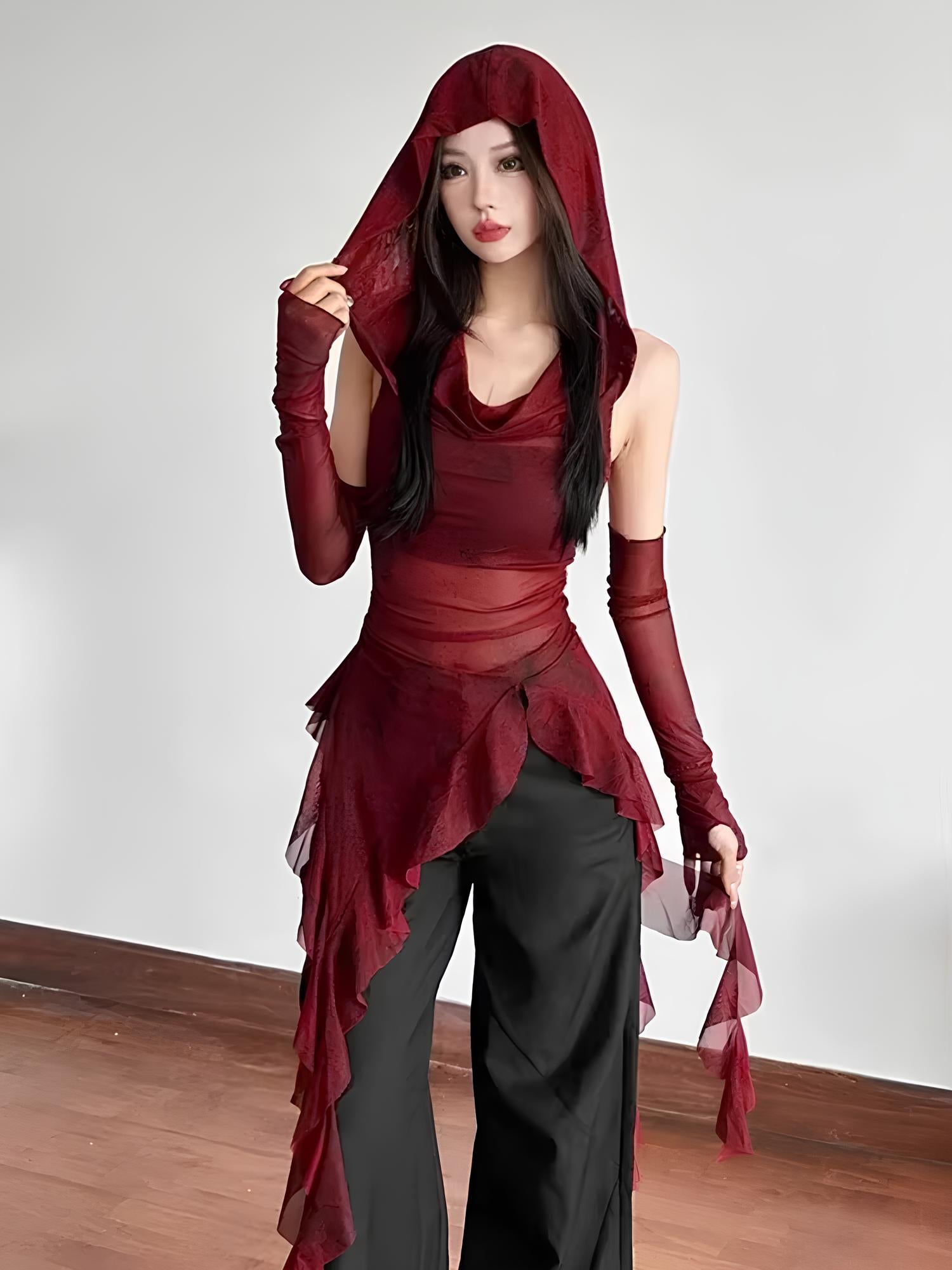 Y2K Vintage 90s Grunge Mesh Hooded Top – See-Through Ruffle Hem Slim Streetwear Blouse Tops LUNARITY GARAGE Red S