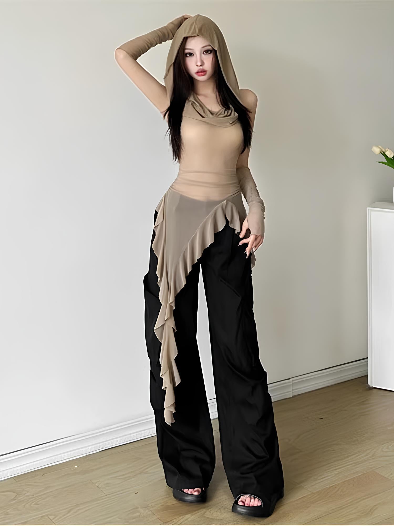 Y2K Vintage 90s Grunge Mesh Hooded Top – See-Through Ruffle Hem Slim Streetwear Blouse Tops LUNARITY GARAGE Beige S