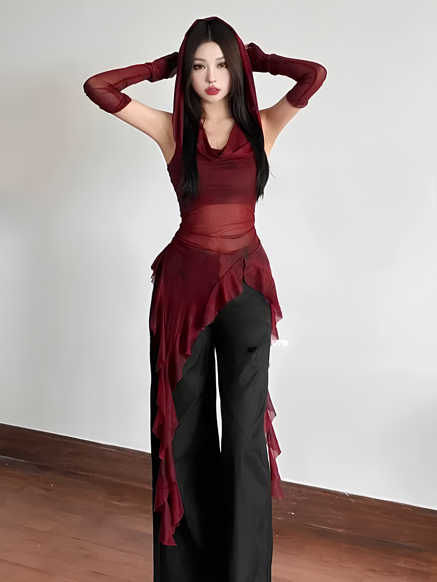 Y2K Vintage 90s Grunge Mesh Hooded Top – See-Through Ruffle Hem Slim Streetwear Blouse Tops LUNARITY GARAGE