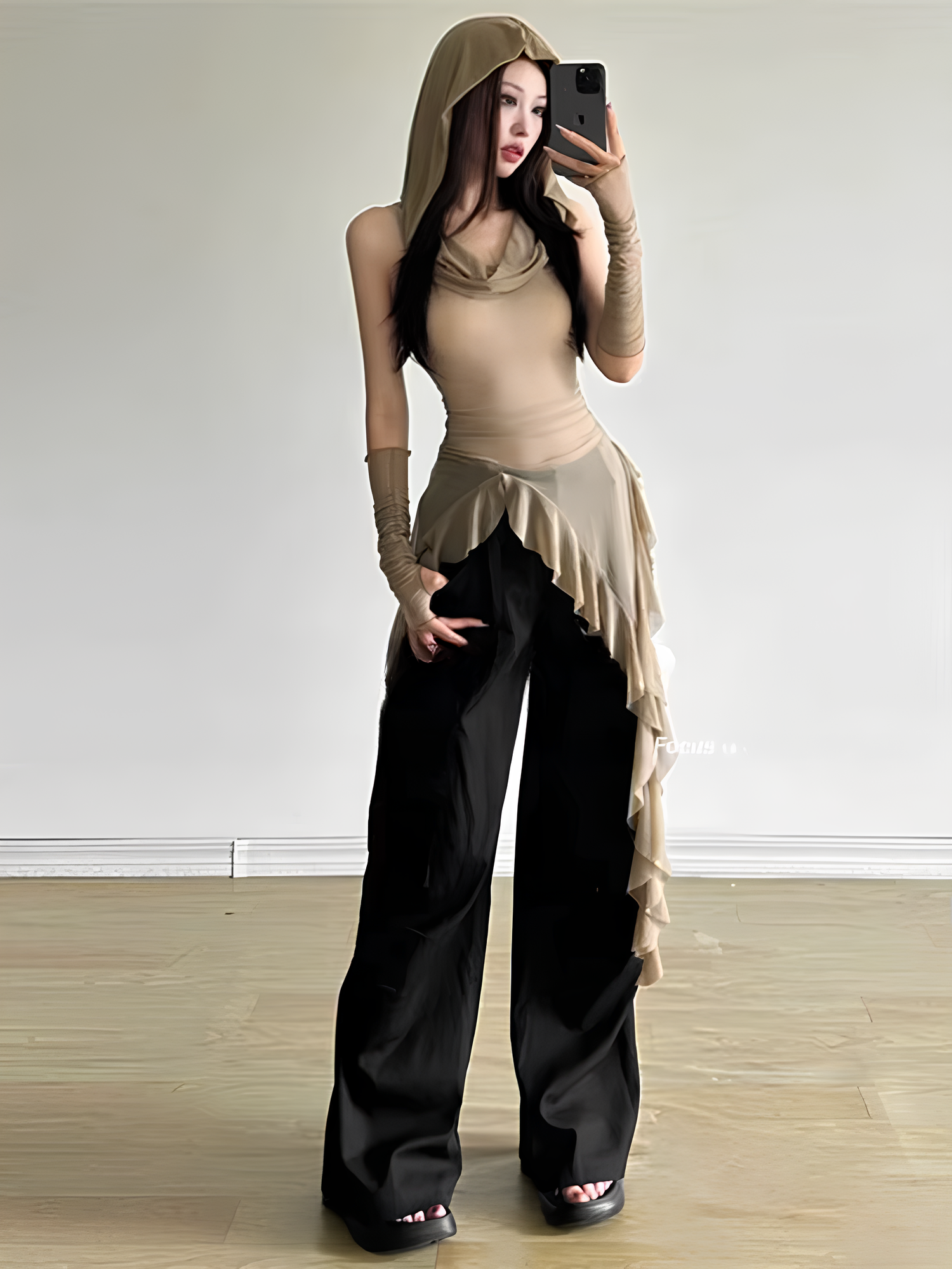 Y2K Vintage 90s Grunge Mesh Hooded Top – See-Through Ruffle Hem Slim Streetwear Blouse Tops LUNARITY GARAGE